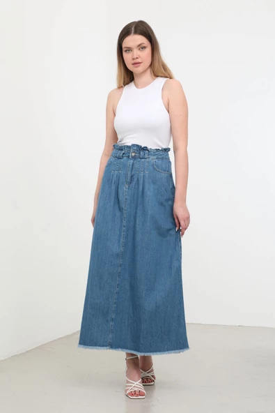 Kadın Yüksek Bel Uzun Jean Etek Mavi - 3