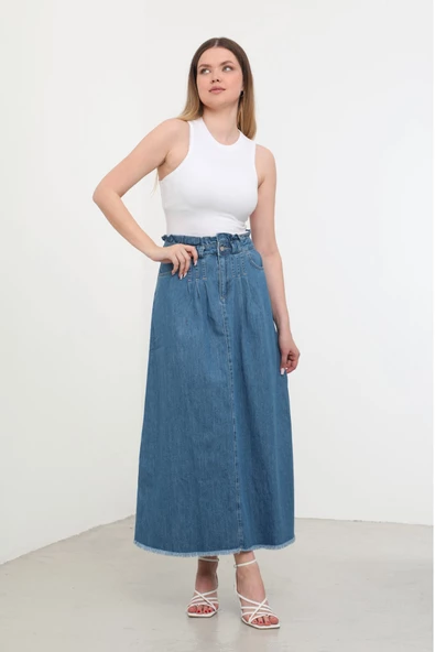 Kadın Yüksek Bel Uzun Jean Etek Mavi - 2