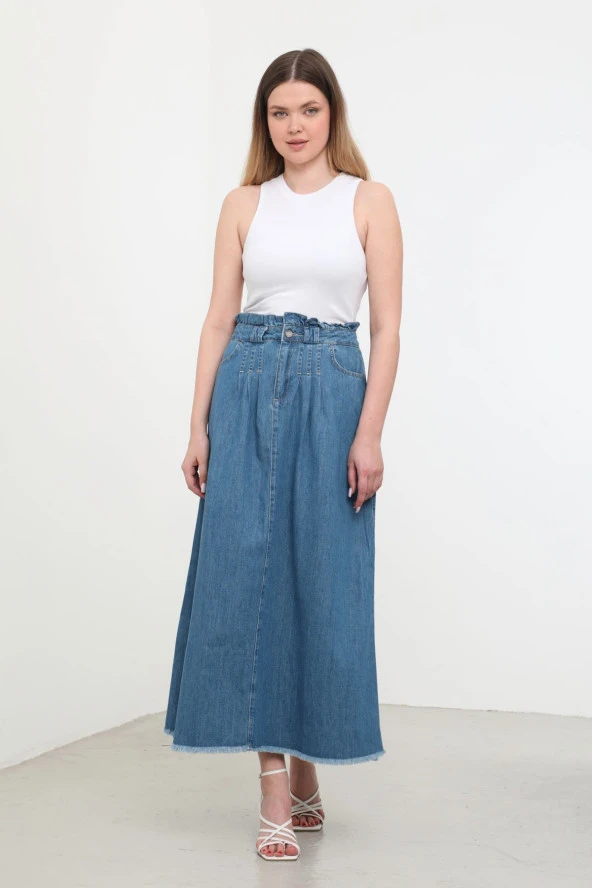 Kadın Yüksek Bel Uzun Jean Etek Mavi