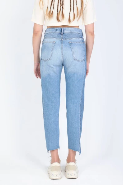Kadın Çift Renkli Paçası Kesik Jean Pantolon Mavi - 5