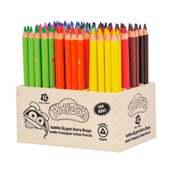 Play-Doh Üçgen Jumbo Kuru Boya 12 Renk x 12 Adet Sınıf Paketi 144lü Ahşap Stand