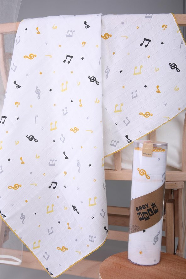 Müslin Örtü 85x90cm Nota Desen Organik Hediyelik Emzirme Alt Açma Yenidoğan Puset Örtüsü - 2