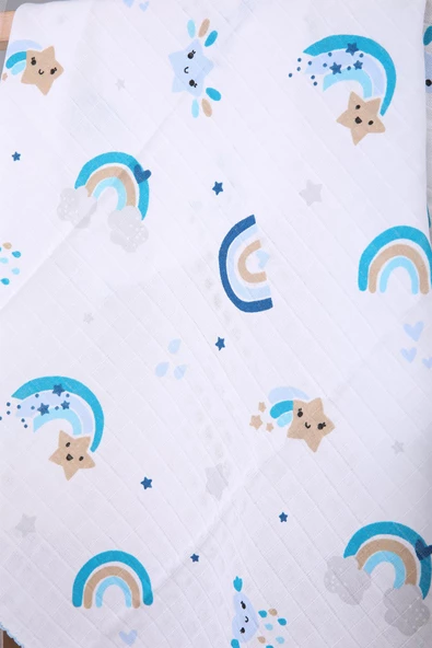 Müslin Örtü 85x90cm Gökkuşağı Desen Organik Hediyelik Emzirme Alt Açma Yenidoğan Puset Örtüsü - 2