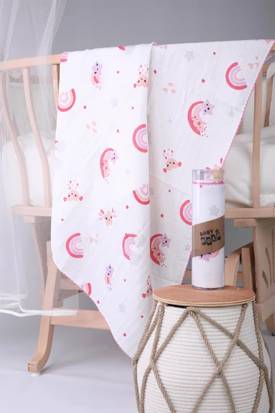 Müslin Örtü 85x90cm Gökkuşağı Desen Organik Hediyelik Emzirme Alt Açma Yenidoğan Puset Örtüsü - 4