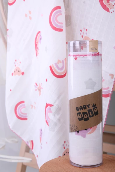 Müslin Örtü 85x90cm Gökkuşağı Desen Organik Hediyelik Emzirme Alt Açma Yenidoğan Puset Örtüsü - 5