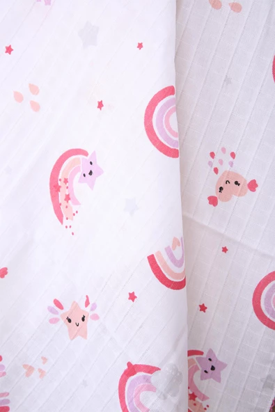 Müslin Örtü 85x90cm Gökkuşağı Desen Organik Hediyelik Emzirme Alt Açma Yenidoğan Puset Örtüsü - 6