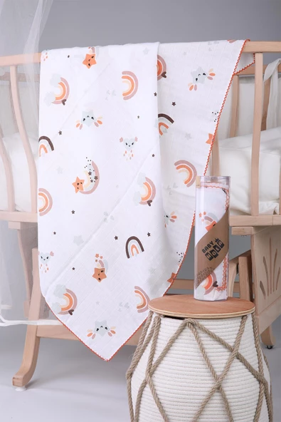 Müslin Örtü 85x90cm Gökkuşağı Desen Organik Hediyelik Emzirme Alt Açma Yenidoğan Puset Örtüsü - 7
