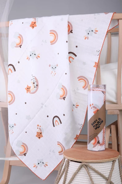 Müslin Örtü 85x90cm Gökkuşağı Desen Organik Hediyelik Emzirme Alt Açma Yenidoğan Puset Örtüsü - 8