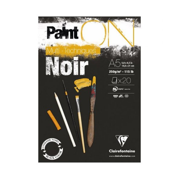 Clairefontaine PaintOn Siyah Multi-Techniques Karışık Teknik Blok 250 gr. 20 Yp. A5