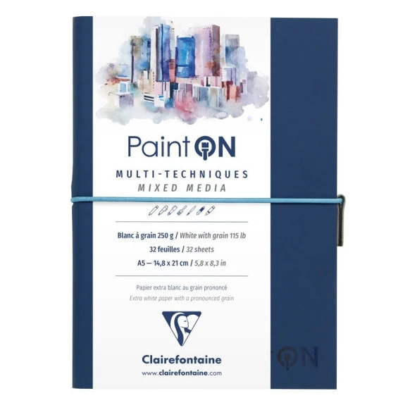 Clairefontaine PaintOn Multi-Techniques Karışık Teknik Blok Suni Deri Lacivert Kapak 250 gr. 32 Yp. A5