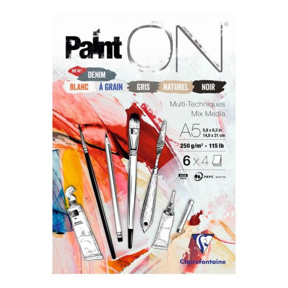 Clairefontaine PaintOn Mix Media 6 Renk Multi-Techniques Karışık Teknik Blok 250 gr. 24 Yp. A5