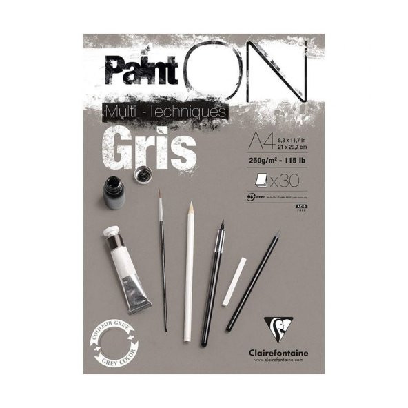 Clairefontaine PaintOn Gri Multi-Techniques Karışık Teknik Blok 250 gr. 30 Yp. A4 - 1