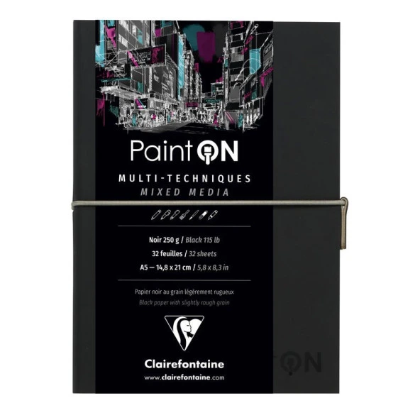 Clairefontaine PaintOn Multi-Techniques Karışık Teknik Blok Suni Deri Siyah Kapak 250 gr. 32 Yp. A5