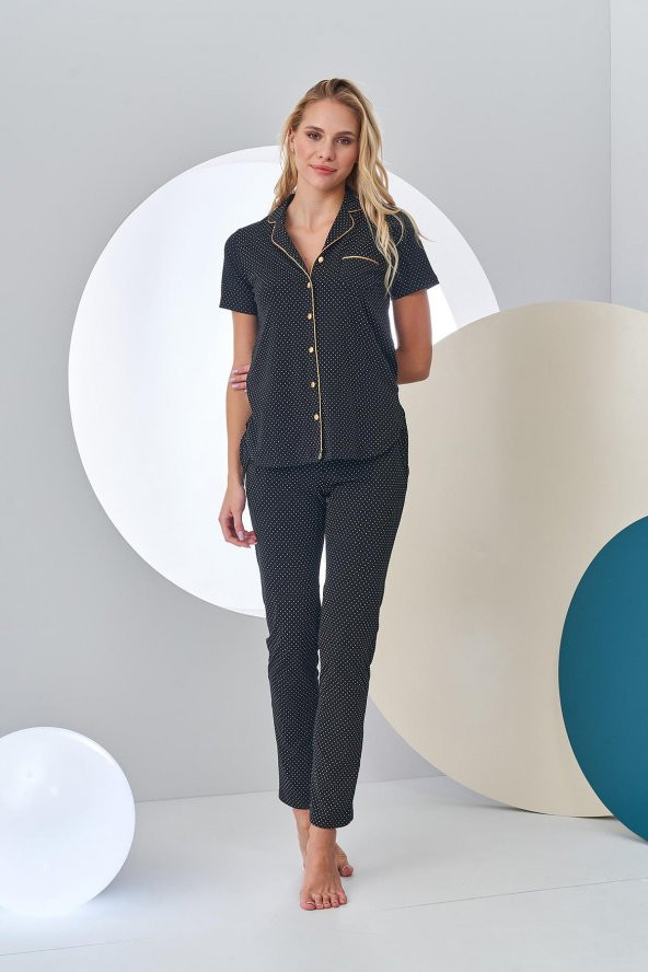 PJS 24213 Kadın Puantiyeli Düğmeli Pijama Takım
