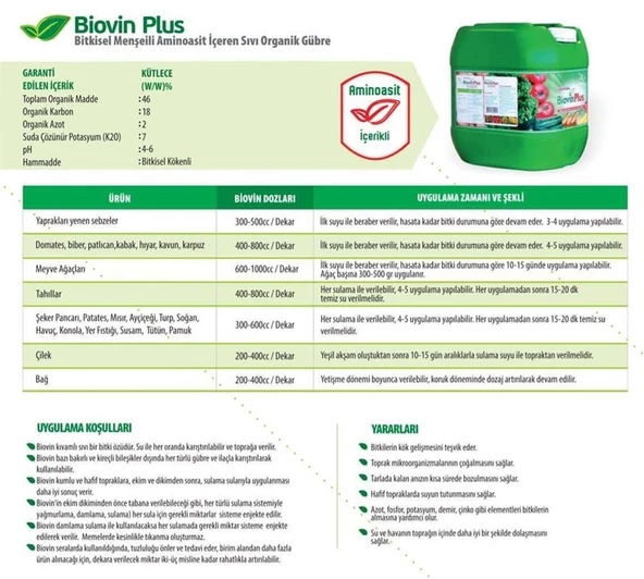 Biovin Plus Bitkisel Amino Asit Organik Sıvı Gübre 20 Litre - 4