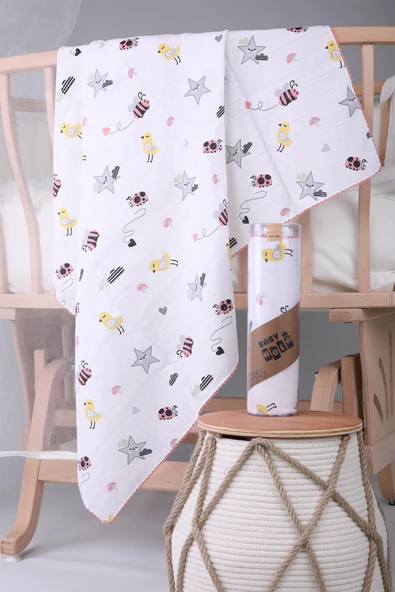 Müslin Örtü 85x90cm Uğur Böceği Desen Organik Hediyelik Emzirme Alt Açma Yenidoğan Puset Örtüsü - 3
