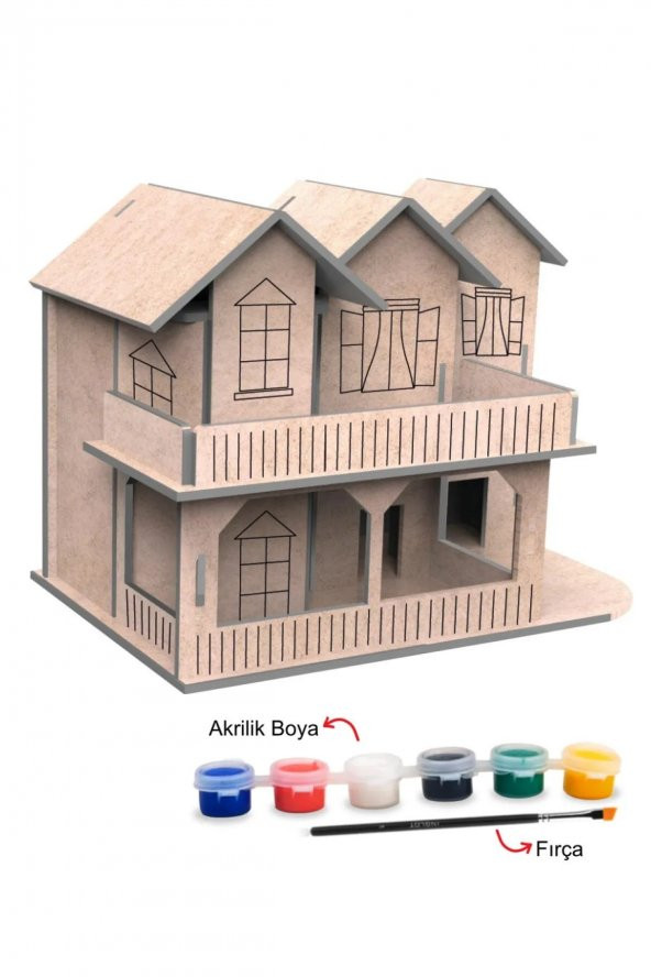 Ahşap köşk Ev Maket Boyama Seti, 6lı Boya Ve Fırça Dahil - 2