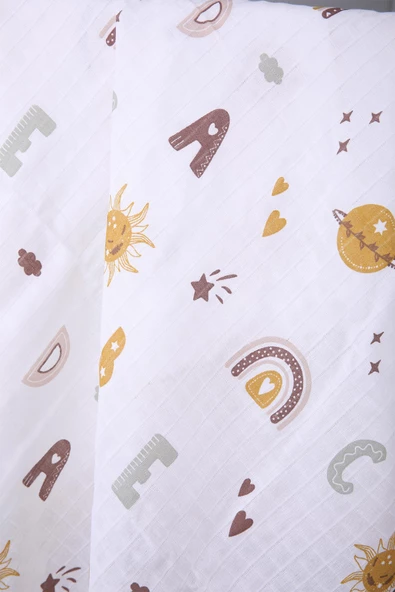 Müslin Örtü 85x90cm Harf Desen Organik Hediyelik Emzirme Alt Açma Yenidoğan Puset Örtüsü - 8