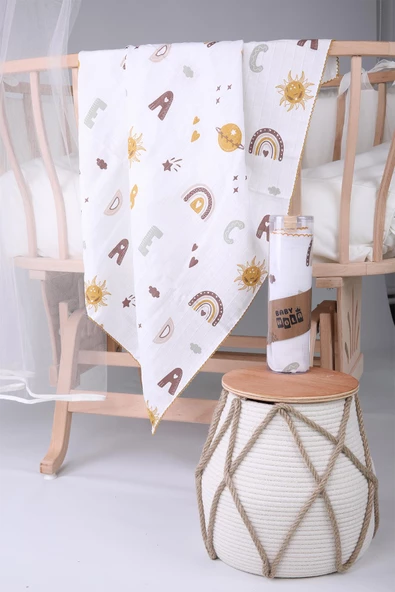 Müslin Örtü 85x90cm Harf Desen Organik Hediyelik Emzirme Alt Açma Yenidoğan Puset Örtüsü - 5