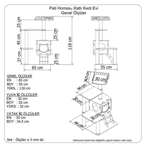Patihomes Katlı Kedi Tırmalama Evi - Kedi Tırmalaması - Kedi Oyun Evi - 12