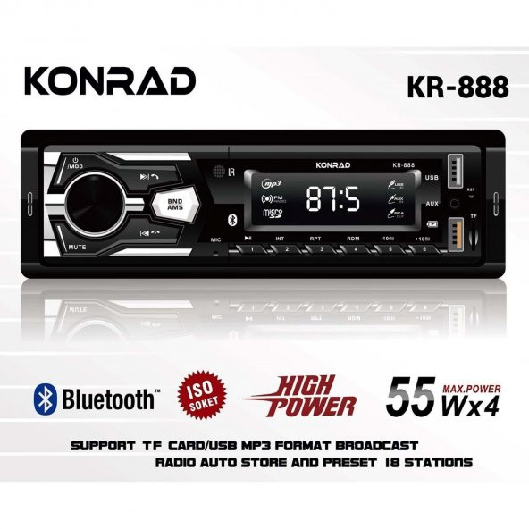 KONRAD KR-888 4X55 WATT ÇİFT USB SD/FM/MMC  BLUETOOTH OTO TEYP