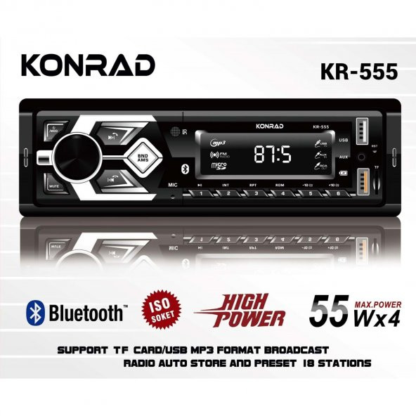 KONRAD KR-555 4X55 WATT ÇİFT USB  SD/FM/MMC  BLUETOOTH OTO TEYP