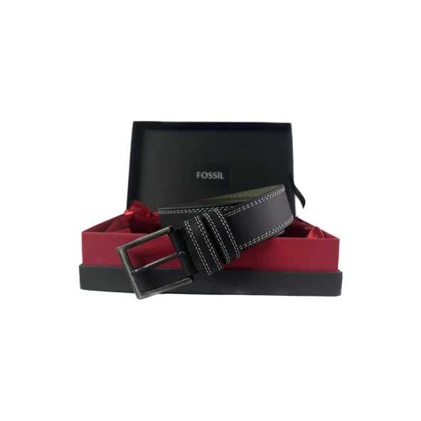 Fossil Siyah Çift Dikiş Suni Deri 4 cm Erkek Kemeri-130Cm ürün görseli