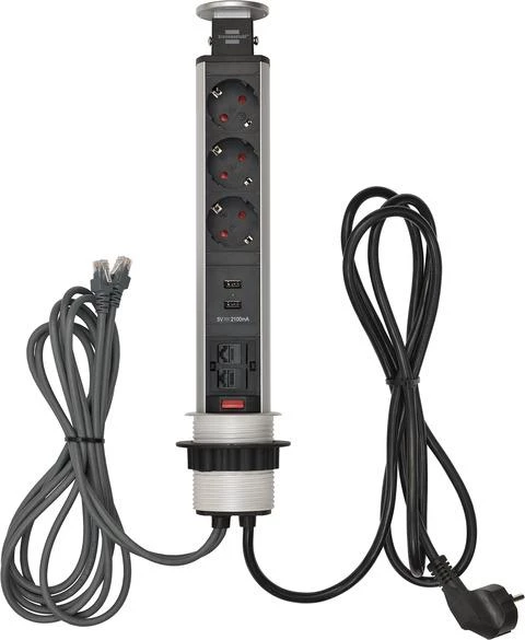 Brennenstuhl Asansör Masa Üstü 3 Soketli USB li Ethernet Girişli Priz