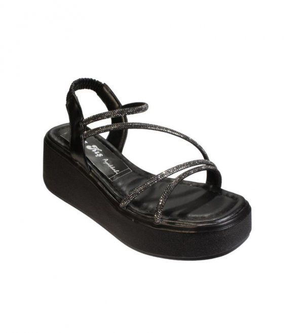 YAZKIŞ Kadın Siyah Krem 6cm Dolgu Topuk Üzeri Taş Şeritli Arkası Lastıkli Dolgu Taban Sandalet
