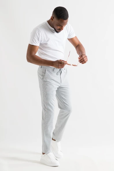 Slimfit Çizgili Beli Lastikli İplikli Duble Ve Boru Paça Yazlık Erkek Jogger Pantolon