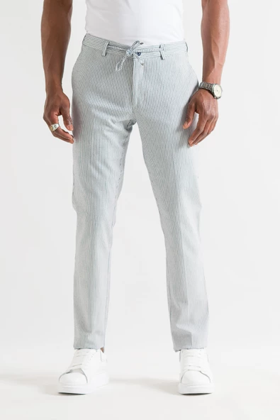 Slimfit Çizgili Beli Lastikli İplikli Duble Ve Boru Paça Yazlık Erkek Jogger Pantolon - 2