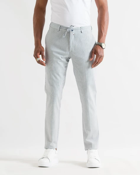 Slimfit Çizgili Beli Lastikli İplikli Duble Ve Boru Paça Yazlık Erkek Jogger Pantolon - 3