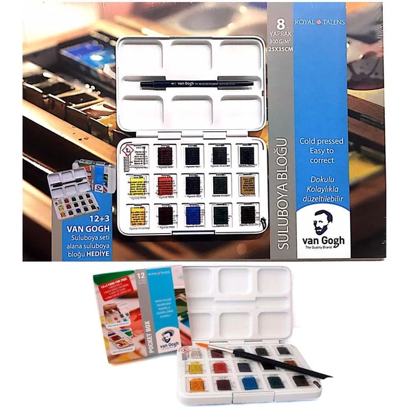 Talens Van Gogh Tablet Sulu Boya 15 (12+3) Renk + 25x35 cm 300 gr Defter Hediyeli