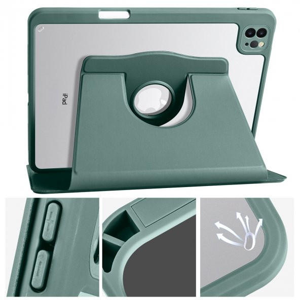 KNY Apple İpad Pro 11 2020 Kılıf Kalem Koymalı Dönerli Standlı Suni Deri Kılıf Gri - 2