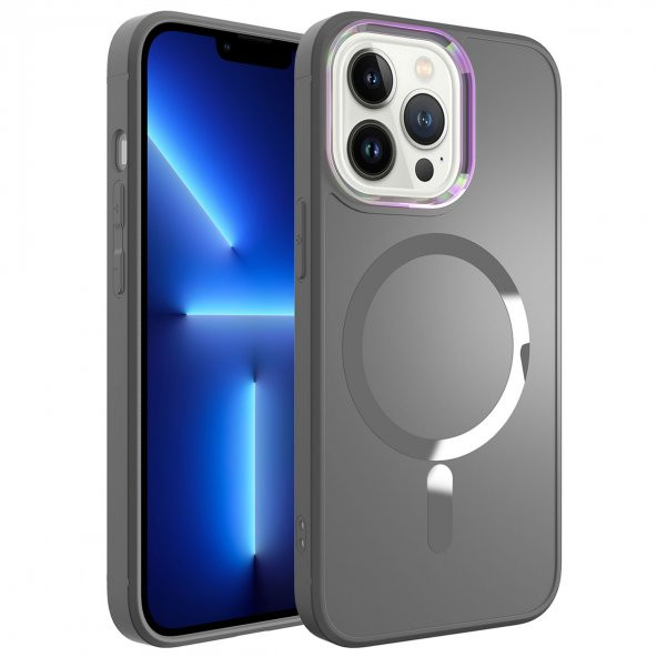 KNY Apple İphone 12 Pro Max Kılıf Renkli Kamera Çerçeveli Magsafeli Parlak Stil Kapak Gri