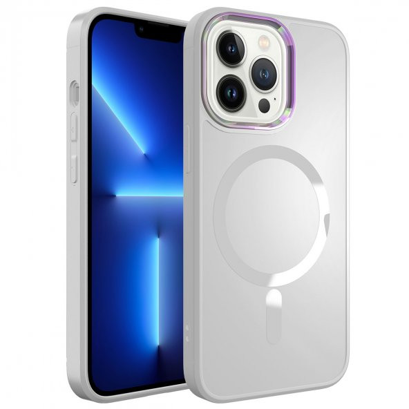 KNY Apple İphone 13 Pro Kılıf Renkli Kamera Çerçeveli Magsafeli Parlak Stil Kapak Beyaz