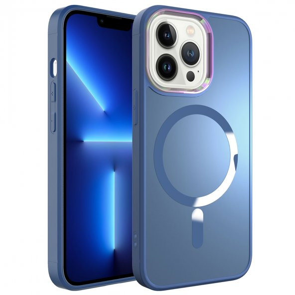 KNY Apple İphone 13 Pro Max Kılıf Renkli Kamera Çerçeveli Magsafeli Parlak Stil Kapak Mavi