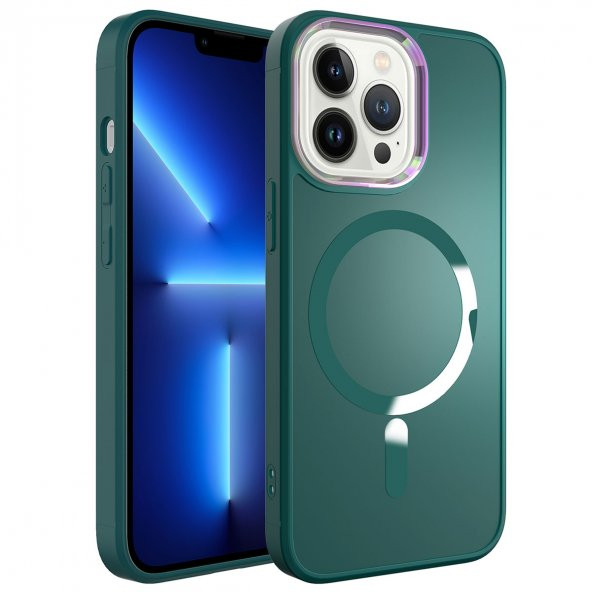 KNY Apple İphone 14 Pro Max Kılıf Renkli Kamera Çerçeveli Magsafeli Parlak Stil Kapak Yeşil