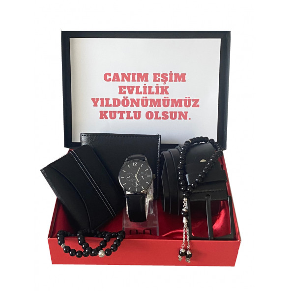 Erkek Siyah Deri Kemer Cüzdan Kartvizit Tespih Bileklik Saat Hediye Seti