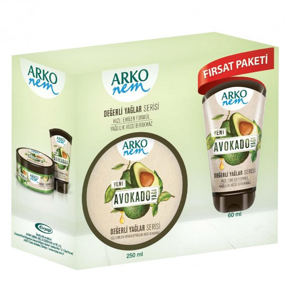 ARKO NEM DEĞERLİ YAĞLAR SERİSİ AVOKADO YAĞI NEMLENDİRİCİ KREM 250 ML + 60 ML