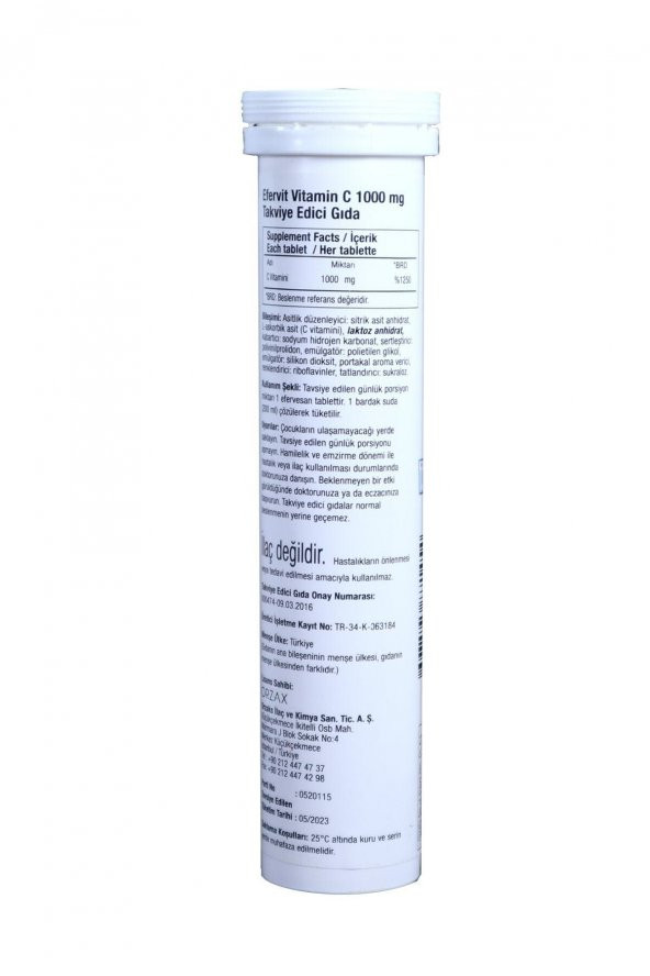 Efervit Vitamin C 1000 Mg 20 Efervesan Tablet 8697595871454 - 2