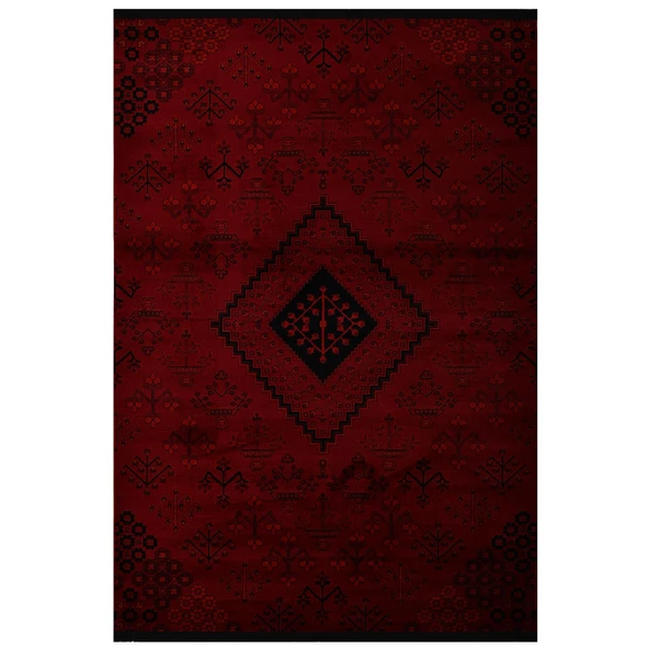 Afgan Türkmen Otantik Desenli Bordo Oturma Odası Salon Mutfak Halısı 5366A_ZS72 - 2