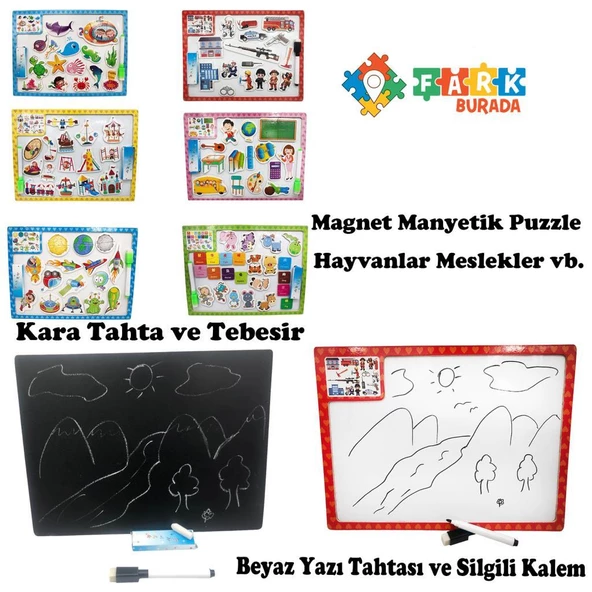 Farbu Oyuncak Eğitici Şekilli Magnet Puzzle ve Çift Taraflı Yazı Tahtası 3+ Yaş Üzeri Çocuklar İçin Beyaz - Kara Tahta Eşleştirme Manyetik Puzzle - 2