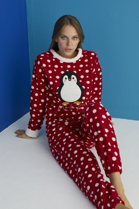 Luxury Soft Penguen Desenli Puantiyeli Fitilli Polar Pijama Takımı