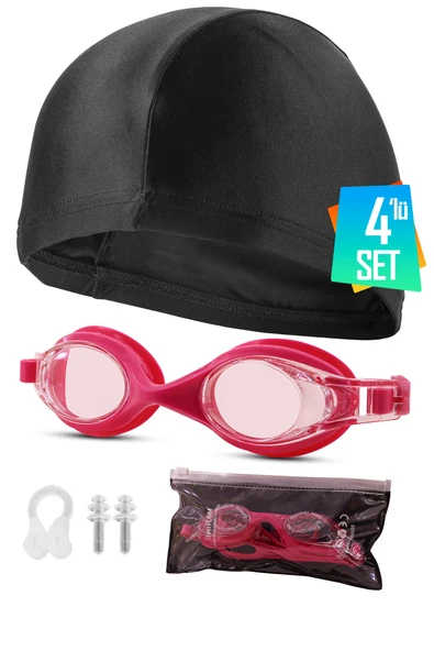4lü Set Yüzücü Gözlüğü Kumaş Bone Kulak Ve Burun Tıkaçlı Set Yüzme Havuz Deniz Gözlüğü Pembe