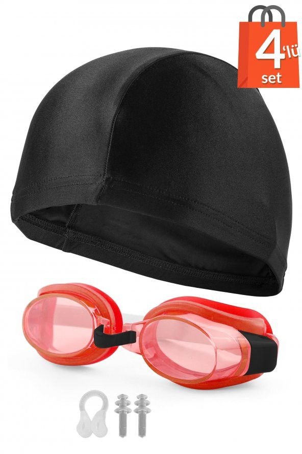 4lü Set Yüzücü Gözlüğü Kumaş Bone Kulak Ve Burun Tıkaçlı Set Yüzme Havuz Deniz Gözlüğü Kırmızı