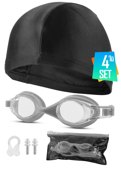 4lü Set Yüzücü Gözlüğü Kumaş Bone Kulak Ve Burun Tıkaçlı Set Yüzme Havuz Deniz Gözlüğü Gri