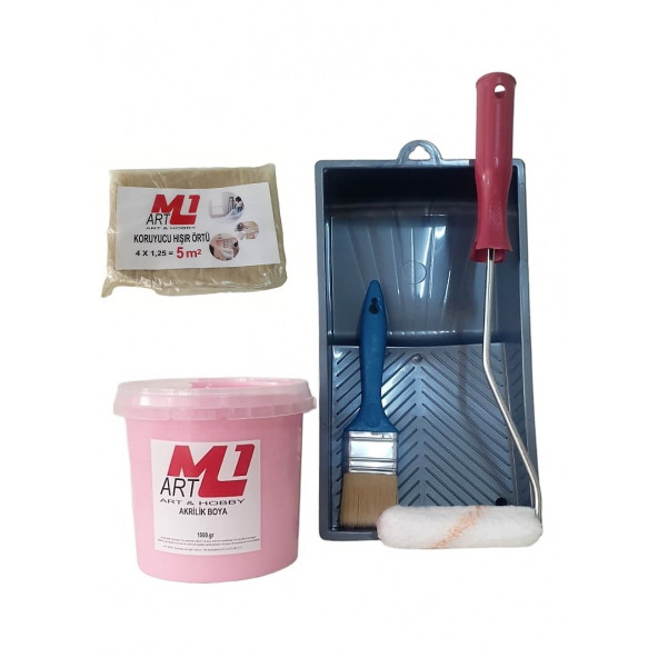 M1 ART PEMBE Akrilik Boya 1.kg  Tava+Rulo+Örtü +Fırça -SET -Ahşap, Tuval, Seramik , Duvar ,Taş