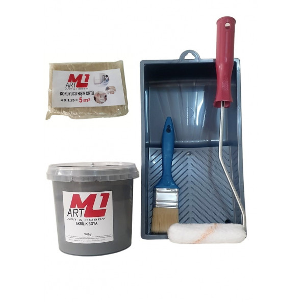 M1 ART GRİ  Akrilik Boya 1.kg  Tava+Rulo+Örtü +Fırça -SET -Ahşap, Tuval, Seramik , Duvar ,Taş