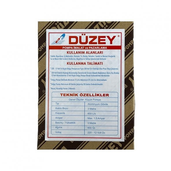 Düzey Alüminyum Gövde Küçük Dalgıç Transfer Pompası 12 Volt-220 Volt Priz - 6